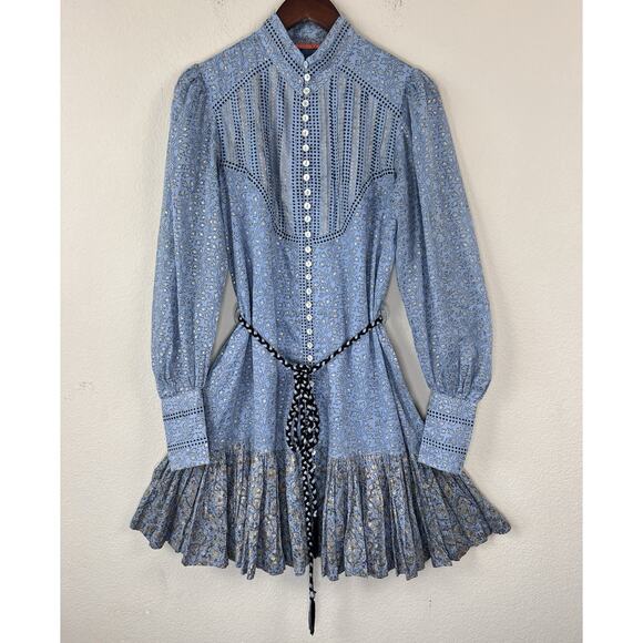 Oliphant Boho Romantic Fit & Flare XS Blue Floral Gold Print Belted Dress - Picture 2 of 9